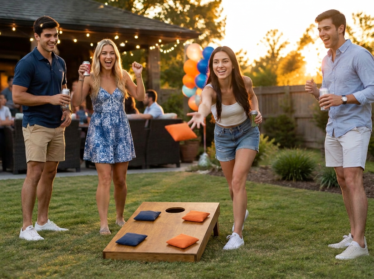 Friends playing on premium natural wood boards with navy and orange bags laid separately on opposite sides at a birthday party