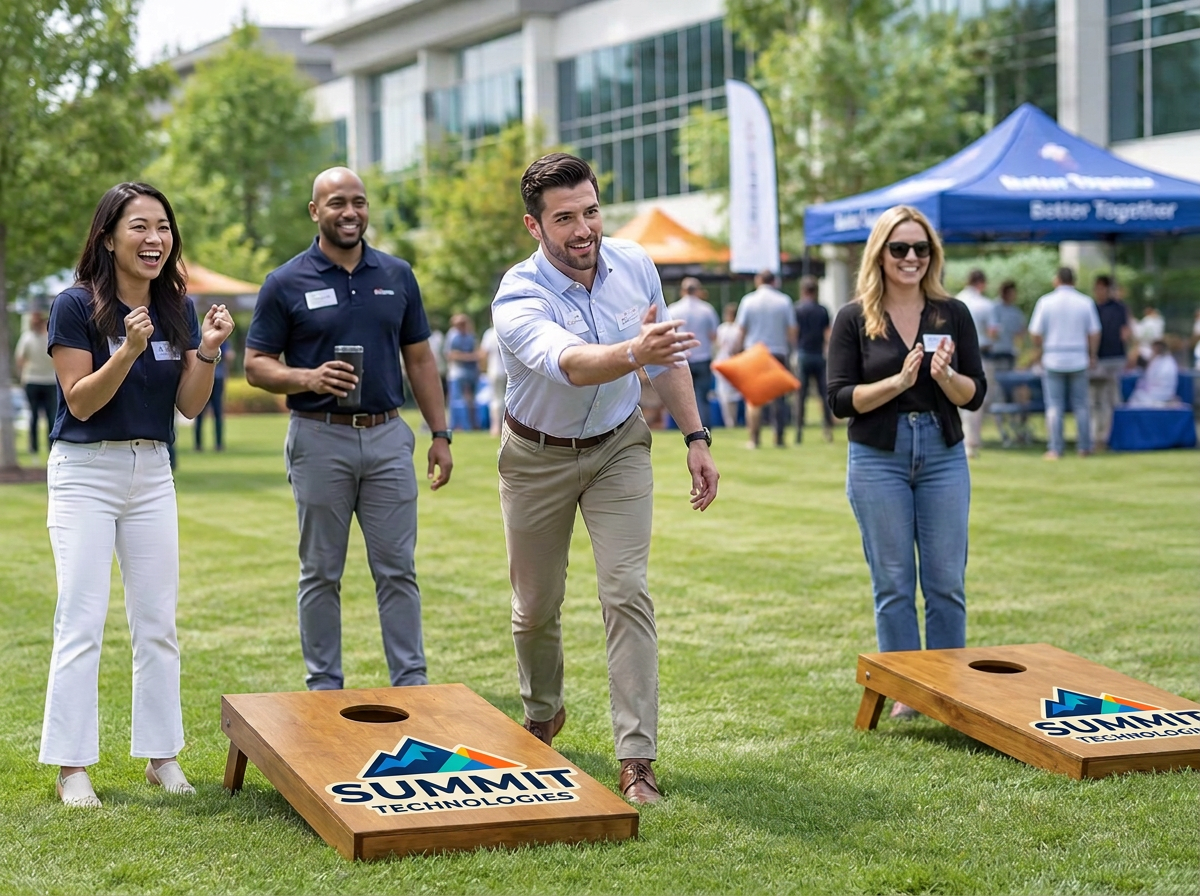 Coworkers playing on natural wood boards with a Summit Technologies example logo