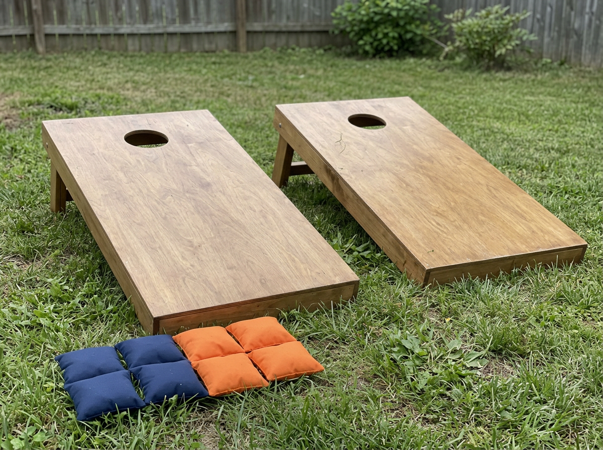 Two premium wood cornhole boards with navy and orange bags
